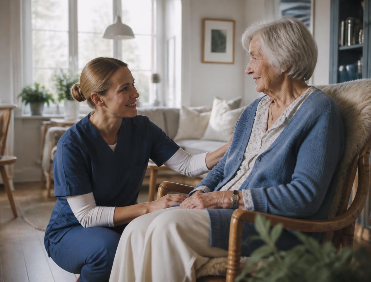 Pleier i samtale med eldre kvinne i hennes eget hjem