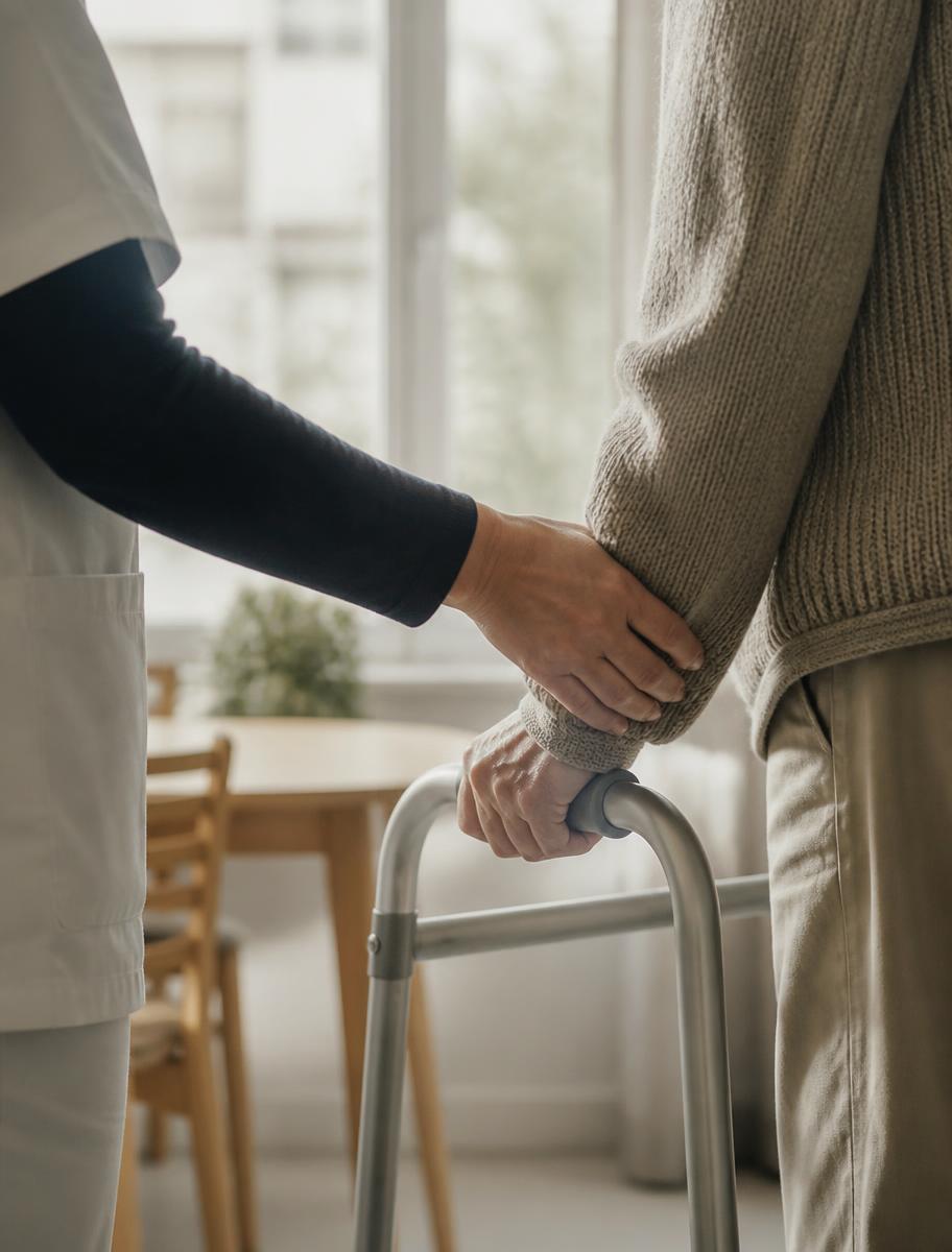 Pleier som støtter eldre mann med gåstol ved vinduet